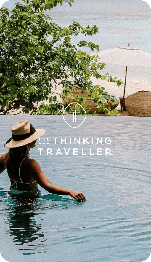 Woman on vacation in a swimming pool. Title card for the traveling thinker case study.