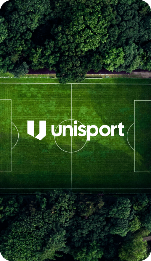 Aerial view of a soccer field. Title card for the unisport case study.
