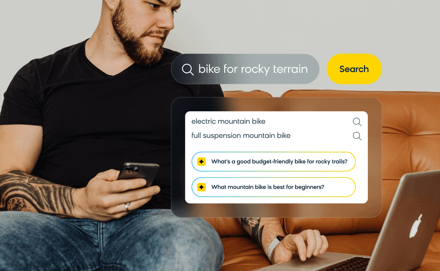 Customer seeing conversational commerce prompts directly within a search bar 