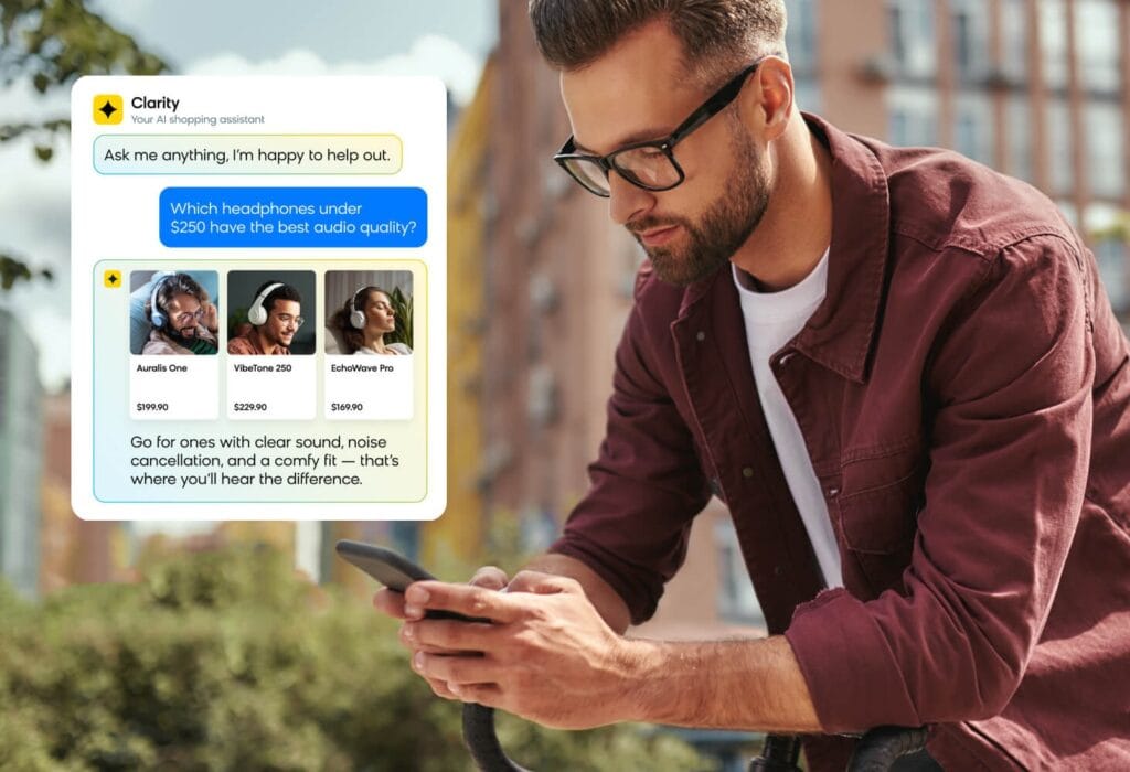 Shopper getting headphone recommendations from a virtual assistant