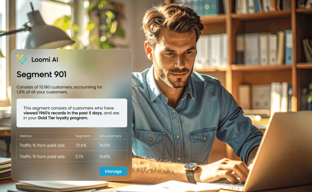 A marketers using Bloomreach's autosegments feature, which harnesses AI agents to create customer segments autonomously.