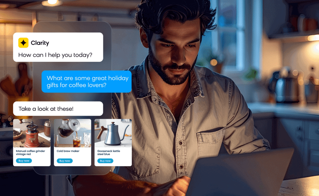 Man using conversational shopping assistant to find gift ideas