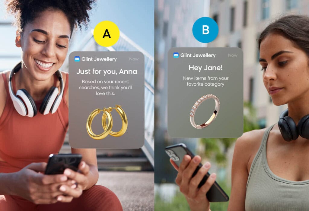 AI-driven contextual personalization giving two different jewelry cross-sell recommendations based on customer preferences