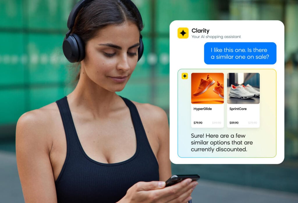 Customer using AI shopping assistants like Bloomreach Clarity to find similar products on sale