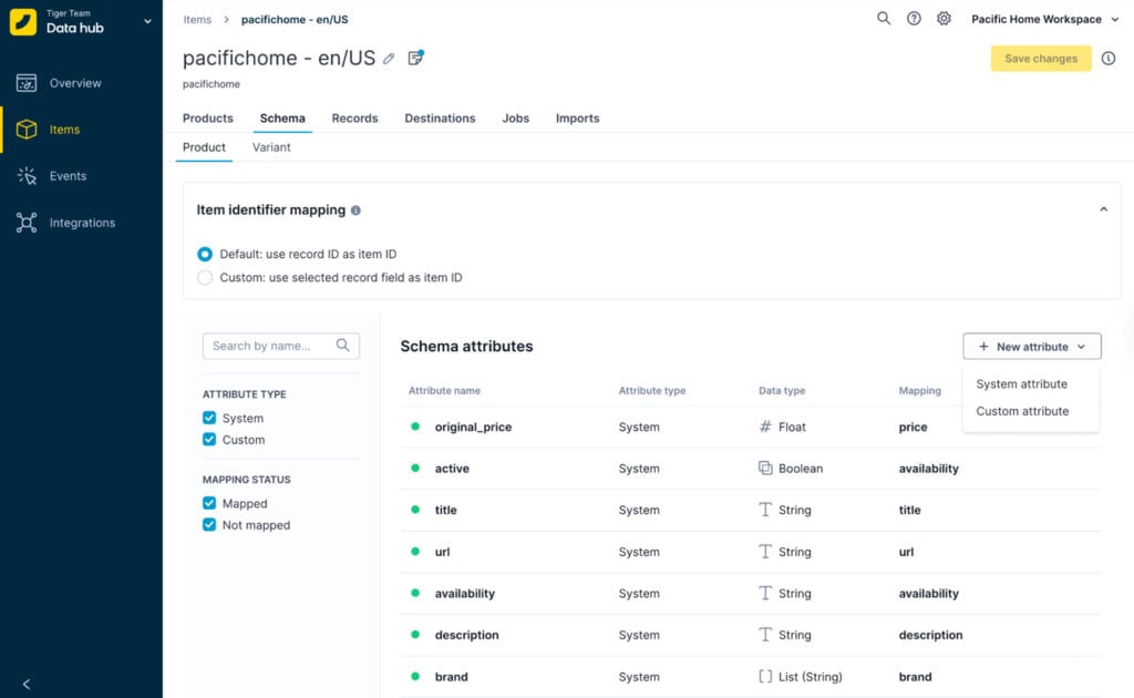 The Bloomreach Data Hub features item collections to store and manage your product and variant data