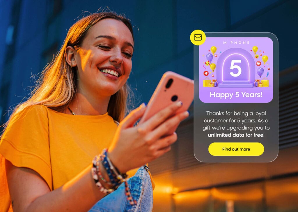 Telecom customer receiving a congratulatory email for 5 years of service with an exclusive offer