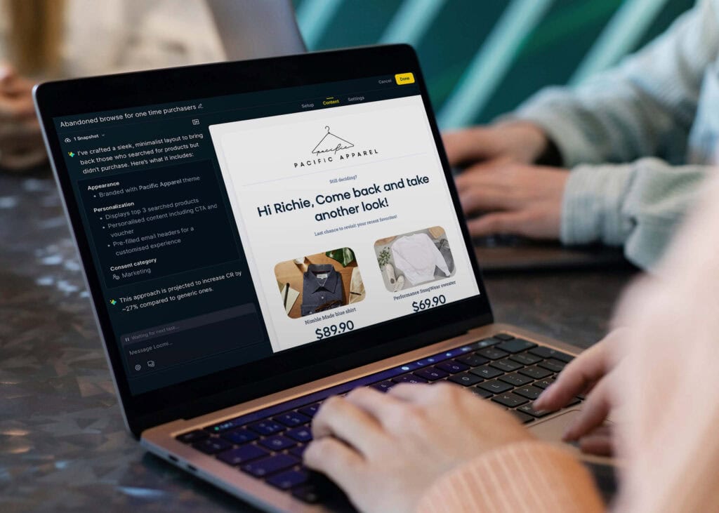 Retail marketer using Loomi AI to autonomously build a personalized win-back campaign