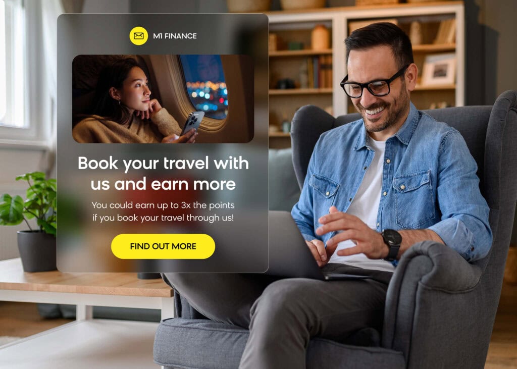 Credit card customer reminded about greater point rewards by booking through the financial services portal