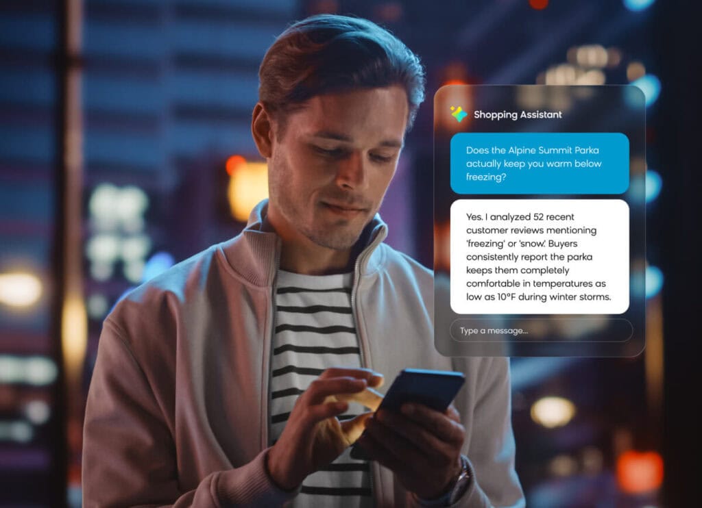 An example of one of the best AI shopping assistants referencing user reviews to make informed recommendations
