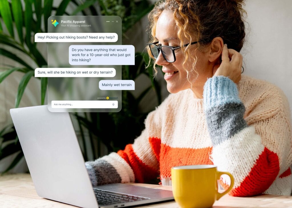 Shopper using an ecommerce chatbot to ask for hiking boot recommendations