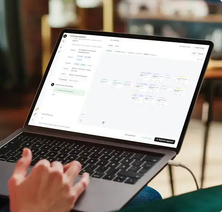 A marketer reviewing a Loomi-built campaign journey on a laptop